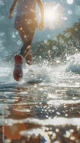A woman running through a body of water