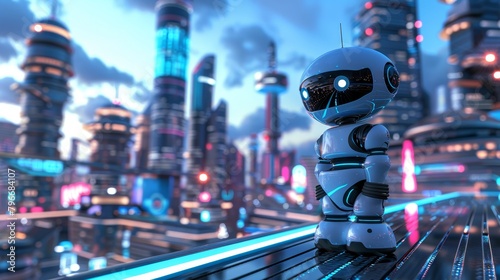 Generate a 3D render of a cute robot exploring a futuristic city AI generated illustration
