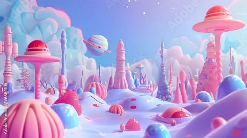 Generate a 3D render of a cute alien planet in Memphis style AI generated illustration