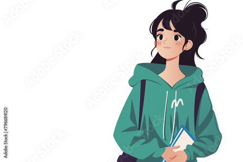 Teen girl ready for school in green hoodie with backpack holding books © Lenuccia