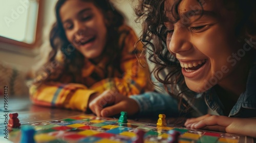 A close-up of two best friends sharing a laugh while playing a board game on National Best Friends Day. photo