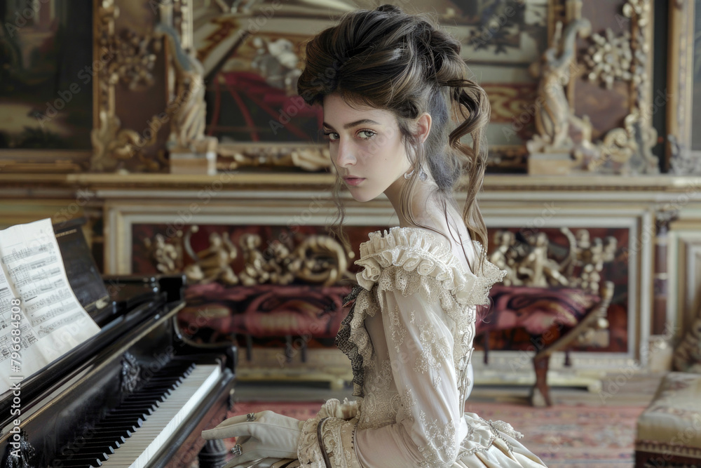 A young woman in a Victorian-era dress, standing by a grand piano