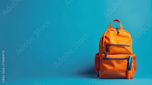 A full school backpack with books and supplies inside isolated on a blue background with copy space for a Back to School concept.