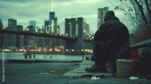 A shot from behind of a person sitting and gazing at the cityscape in front of him. photo