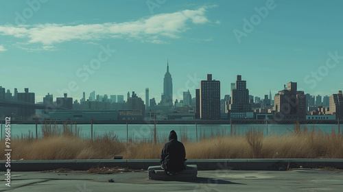 A shot from behind of a person sitting and gazing at the cityscape in front of him. photo