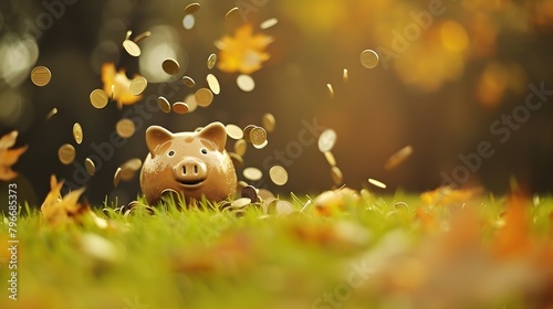 Surreal Photography Rain of Coins Falling on a Hillside Piggy Bank Generative ai