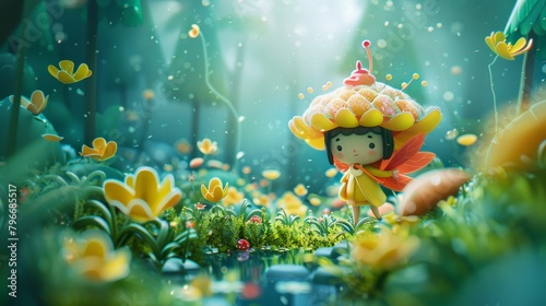 Illustrate a cute character in a 3D abstract fairy forest  AI generated illustration