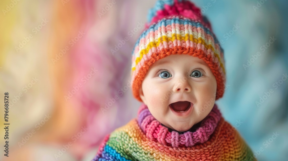 Playful baby in lively clothing, spreading delight against a soft pastel backdrop Playful baby in lively clothing, spreading delight against a soft pastel backdrop