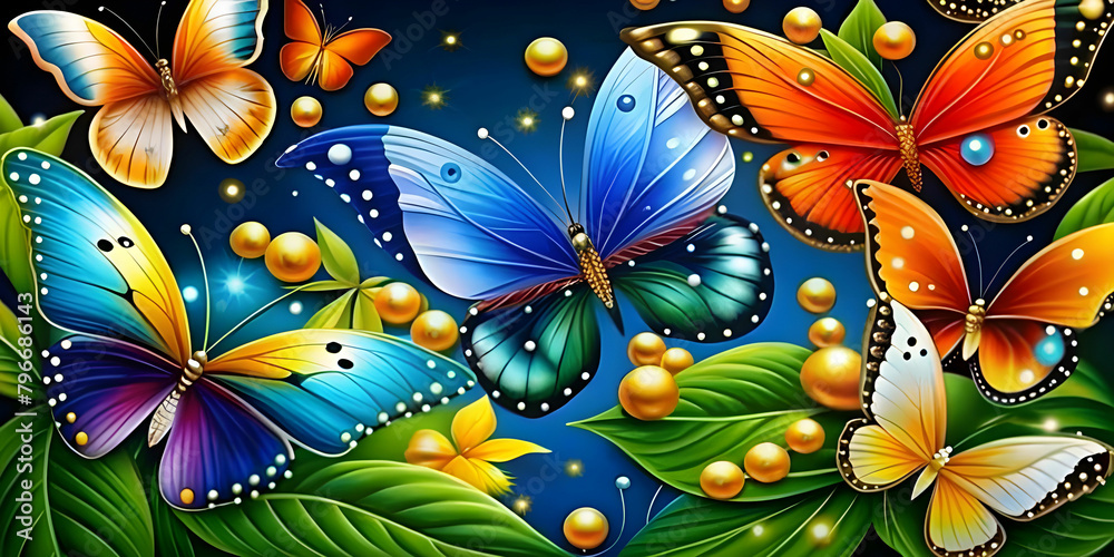 Colorful butterflies shining like pearls flying in garden Colorful butterflies shining like pearls flying in garden