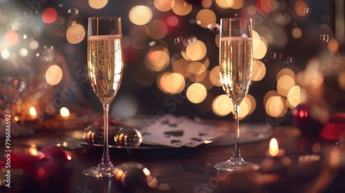 Soft Elegance A dreamy and sophisticated scene featuring defocused elements of clinking champagne flutes tered cards and a spinning roulette ball creating a sense of luxury and enchantment. . photo