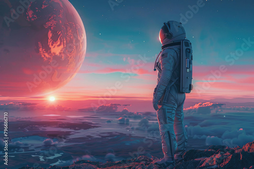 A young woman in a spacesuit, standing on an alien planet