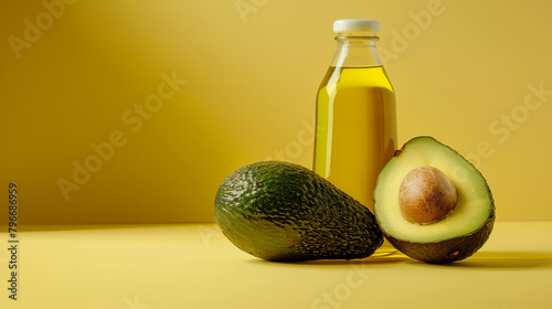 avocado fruit with avocado oil in a glass bottle for product mockup and business marketing banner and poster
