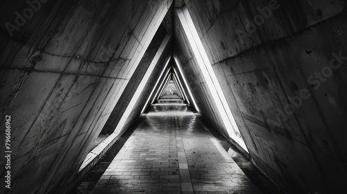 black and white image of triangles in hallway, in the style of concrete, symmetrical figures
