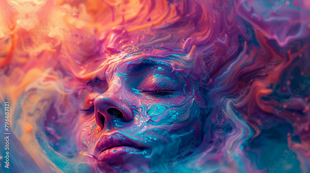 Obraz premium a human face dipped in swirling psychedelic liquid, with rainbow colors