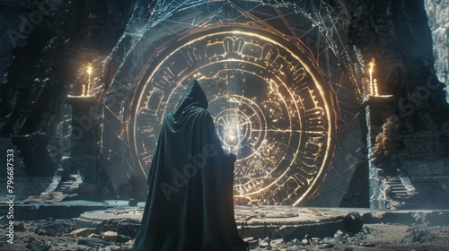 A cloaked figure stands before a towering stone circle carved with intricate symbols and glowing with otherworldly energy. In one . .