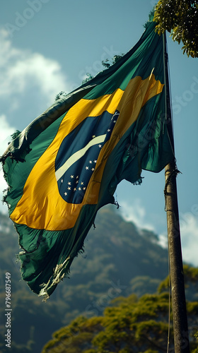 View of the flag of Brazil on a Natural background