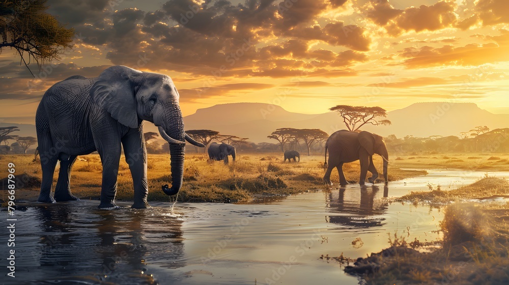 Sunset Gathering of Majestic Elephants in the Wild