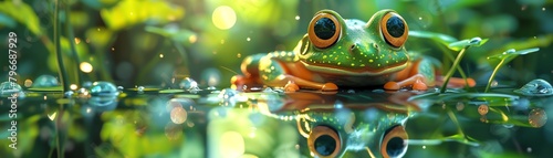 Highquality 3D render of a frogs bulging eye reflecting a vibrant rainforest with water droplets photo