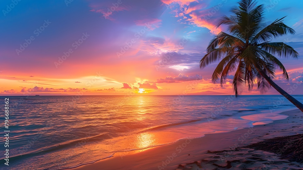 Stunning tropical sunset scenery on the beach, images of the sunset with a palm tree on the beach. Stunning tropical sunset scenery on the beach, images of the sunset with a palm tree on the beach.