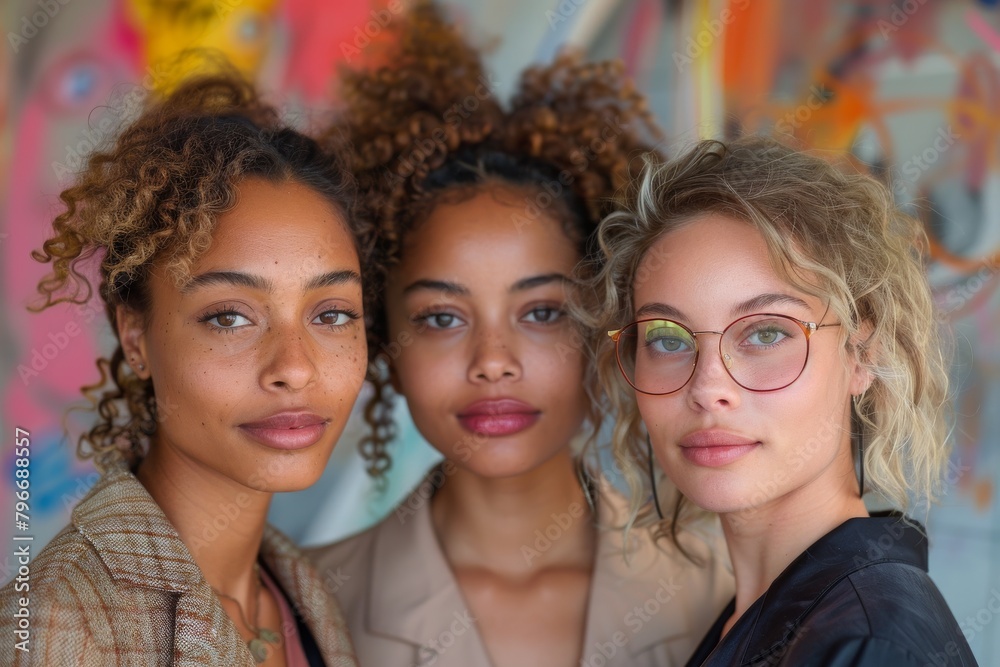 Fototapeta premium Three fashionable women posing in front of vibrant abstract artwork, embodying creativity and style