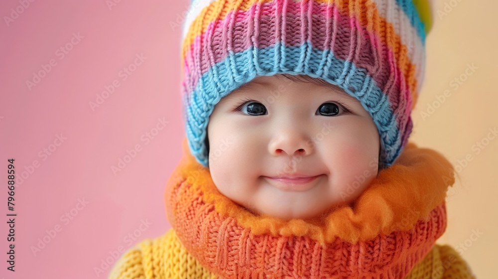 Captivating portrait of a cheerful Asian baby in colorful attire against a calm pastel background Captivating portrait of a cheerful Asian baby in colorful attire against a calm pastel background