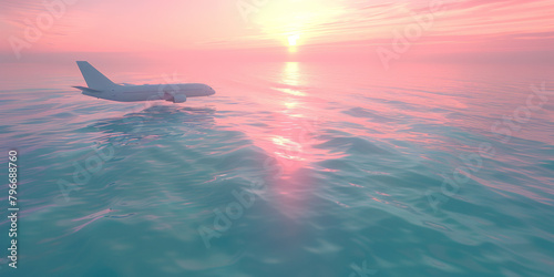 A white airplane is flying over a calm ocean with a pink and orange sunset in the background. Concept of tranquility and serenity, as the airplane soars above the peaceful waters