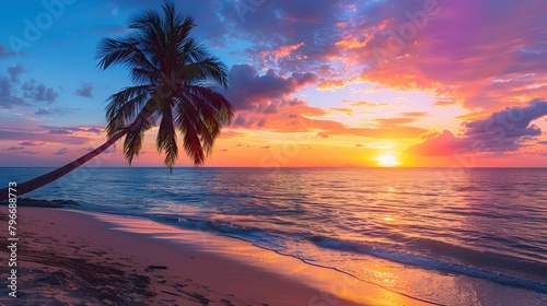 Stunning tropical sunset scenery on the beach, images of the sunset with a palm tree on the beach. © horizor