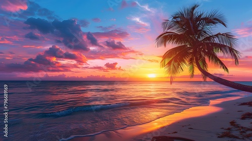 Stunning tropical sunset scenery on the beach  images of the sunset with a palm tree on the beach.