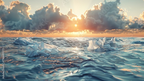 Morning light in a 3D ocean landscape with a plastic bag reflecting on the water surface photo