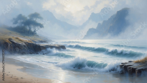 Secretive Seashore Shroud, Landscape with Fog in Coastal Blues, Veiling a Secluded Seashore.