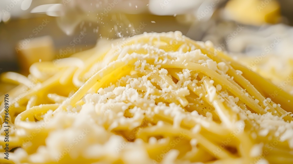 Buttered pasta close up shot sprinkled garnished with Parmesan Parmigiano-Reggiano Cheese, HD, menu concept, Food photography