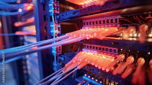 an optical fiber splice enclosure opened to reveal the fusion splicing of multiple fiber cables