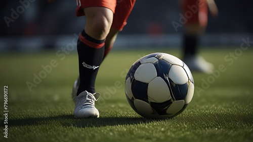 soccer ball in action, A football on grass with a person in red and white. © Suleman