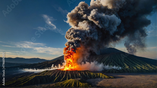 ancient volcano eruption with giant ash cloud and burst of molten lava, volcano eruption with massive high bursts of lava and hot clouds soaring high into the sky, pyroclastic flow photo