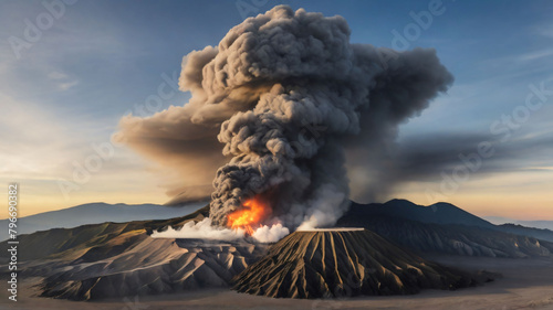 ancient volcano eruption with giant ash cloud and burst of molten lava, volcano eruption with massive high bursts of lava and hot clouds soaring high into the sky, pyroclastic flow photo