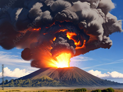 ancient volcano eruption with giant ash cloud and burst of molten lava, volcano eruption with massive high bursts of lava and hot clouds soaring high into the sky, pyroclastic flow photo