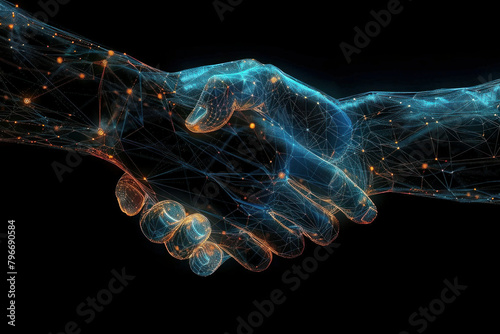 Business agreement handshake with abstract network lines and dots on black background concept