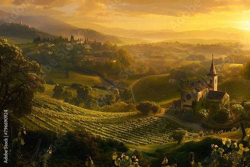A panoramic vista of rolling vineyards, bathed in the golden hues of sunset, framing a quaint country chapel nestled amidst the verdant landscape. Nature's cathedral, where love is eternal