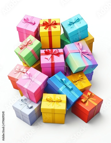 bunch of colorful gift boxes on plain wjite background from Generative AI © Arceli