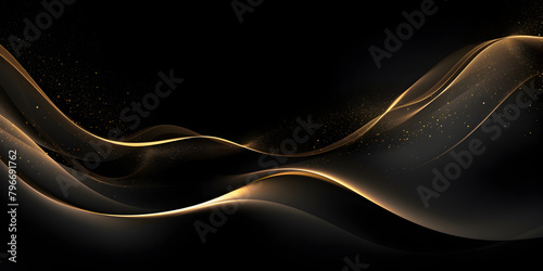 Abstract black wallpaper background with soft golden sparkle line elements