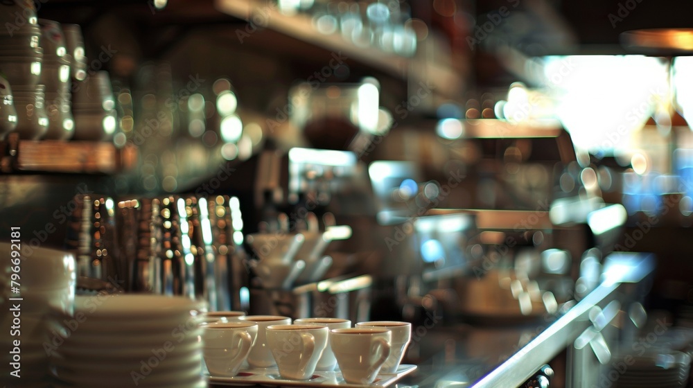 The baristas domain softly blurred and bathed in warm light showcasing shiny coffee equipment and orderly rows of pristine cups waiting to be filled. .