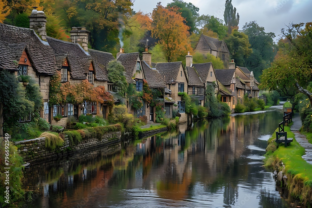A peaceful riverside village, its quaint cottages reflected in the still waters of the winding river