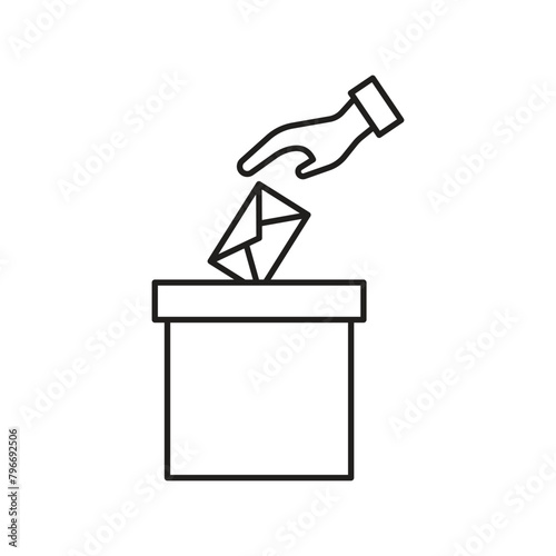 A voting icon, a hand throwing a ballot into a ballot box, a letter to a mailbox, sending a letter.
