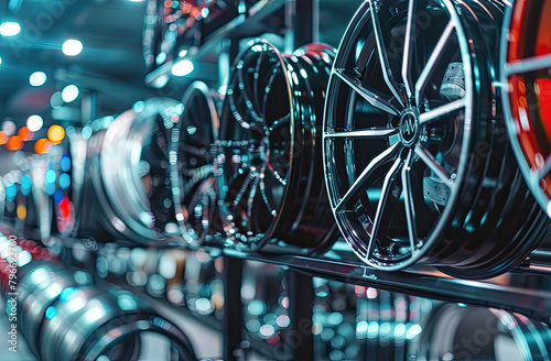 A rack of highend car rims in an automotive shop, showcasing the diversity and luxury associated with exotic wheel choice The scene captures the sleek design against black steel frames