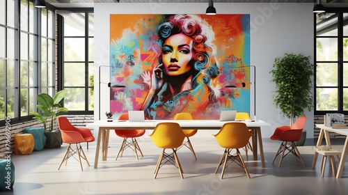 Creative workspace with vibrant decor elements, including colorful chairs and motivational posters, in a dynamic modern office environment.