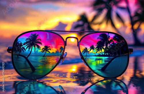A photo of sunglasses with the reflection of an exotic beach scene, including palm trees and a colorful sunset