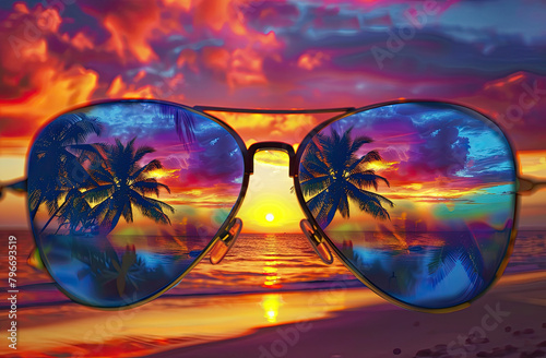 A photo of sunglasses with the reflection of an exotic beach scene, including palm trees and a colorful sunset