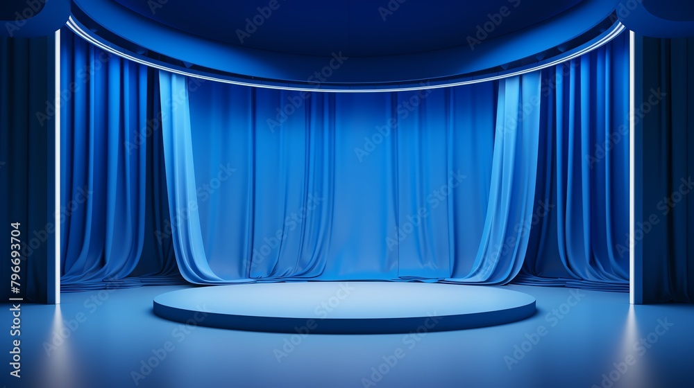 Modern 3D podium on a vibrant blue stage with soft fabric curtains and an overhead spotlight, creating a focal point for luxury exhibitions.