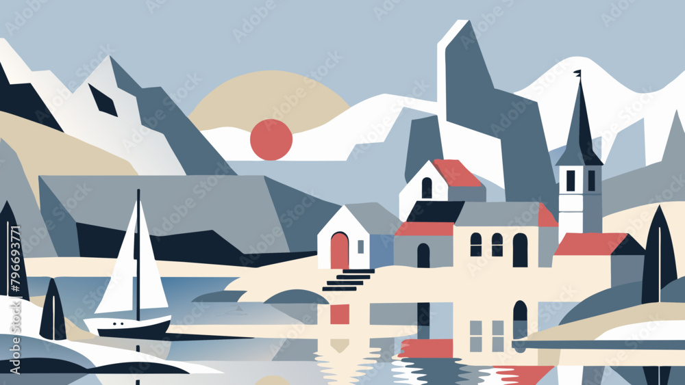 Naklejka premium Serene Lakeside Village Scene with Mountains and Sailing Boat