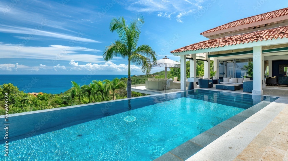 Fototapeta premium A large pool with a white umbrella and a view of the ocean